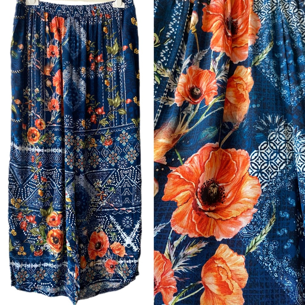 Navy Wide-Leg Pants with Orange Floral Print